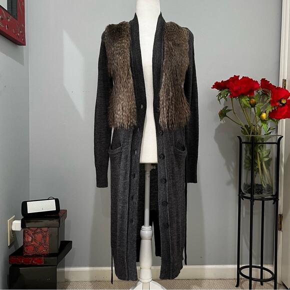 NEW Ann Taylor Wool Faux Fur Longline Belted Button Maxi Cardigan Sz XS NWT - Picture 2 of 16